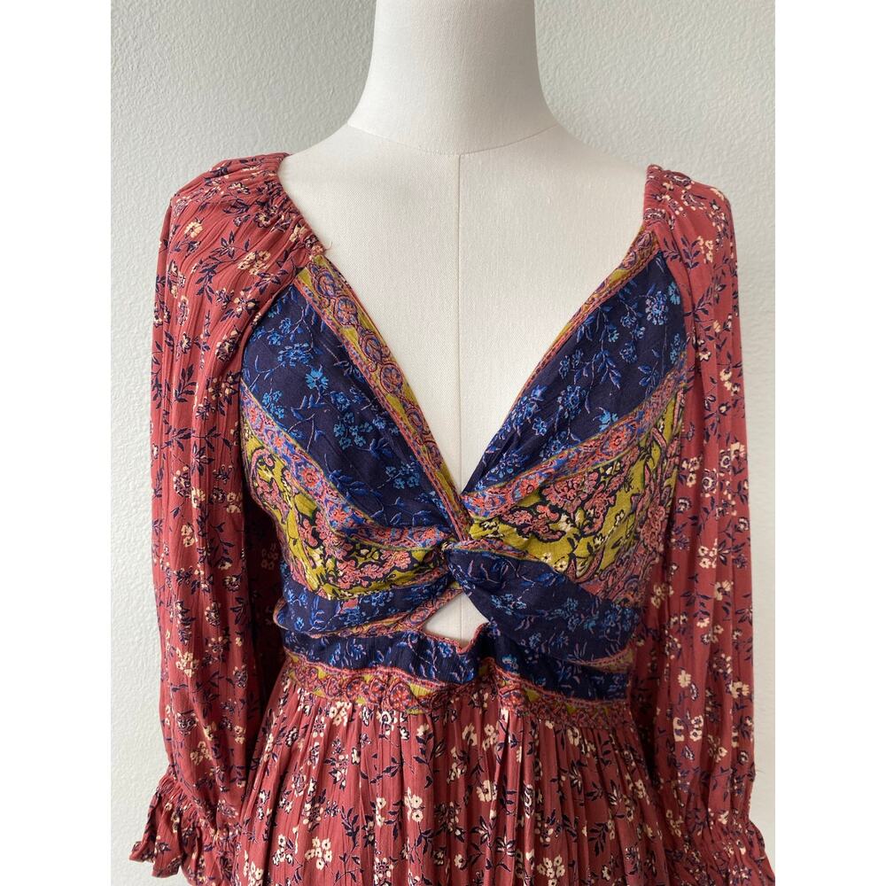 Angie Boho Paisley Floral Twist Front Cutout Maxi Dress M Terracota Fall Cutout - Picture 3 of 8